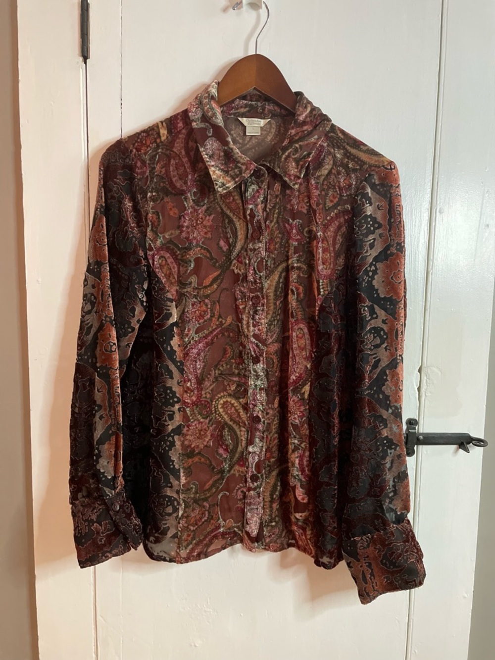 Burnout Velvet Sheer Paisley Button-Up Blouse in Burgundy, Brown & Olive Size L